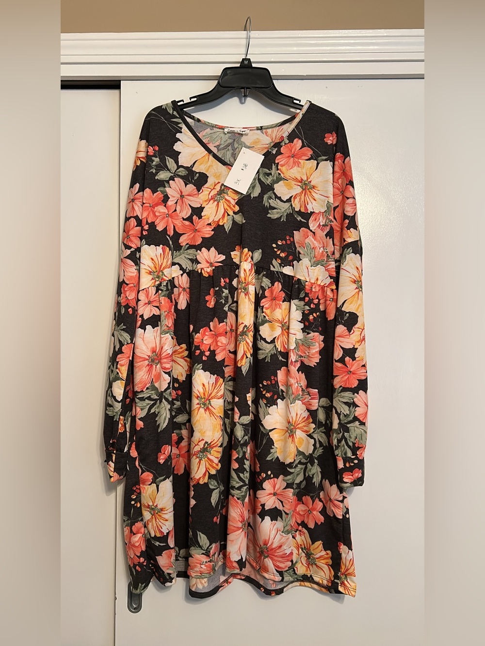 Black Floral Long Sleeve Smocked Waist Dress - Coral & Cream Flowers